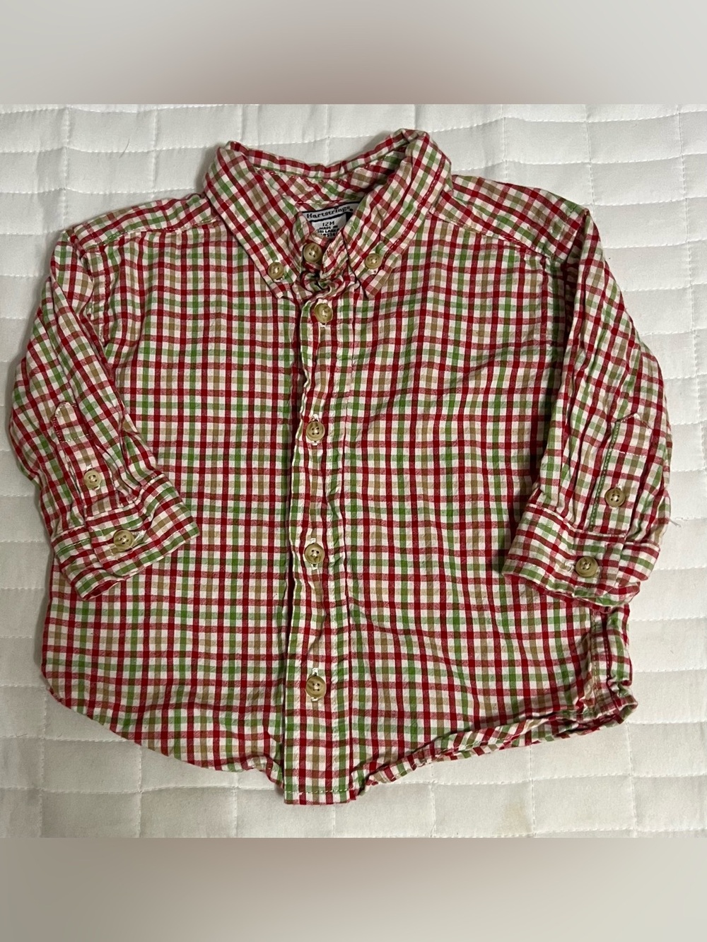 Hartstrings Boys Green Red White Plaid Button Down Long Sleeve Shirt Size 12 mth